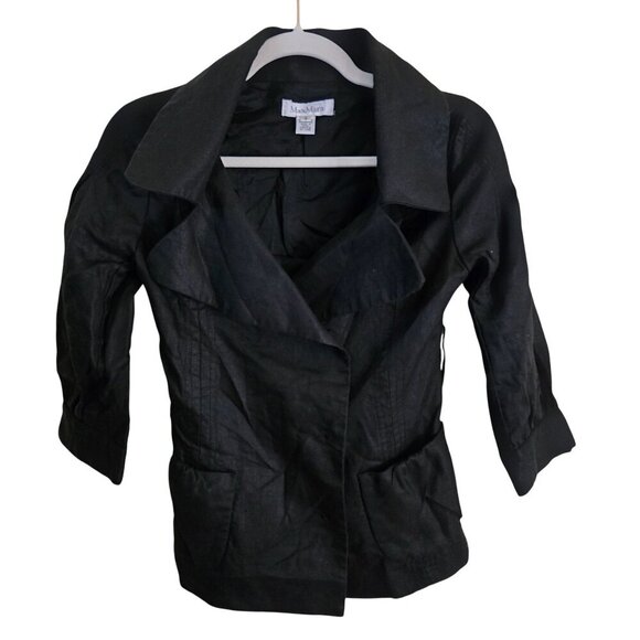 Max Mara Black Linen Blend Wide Lapel Pleated Detail Hidden Snap Blazer Size S - Picture 1 of 7